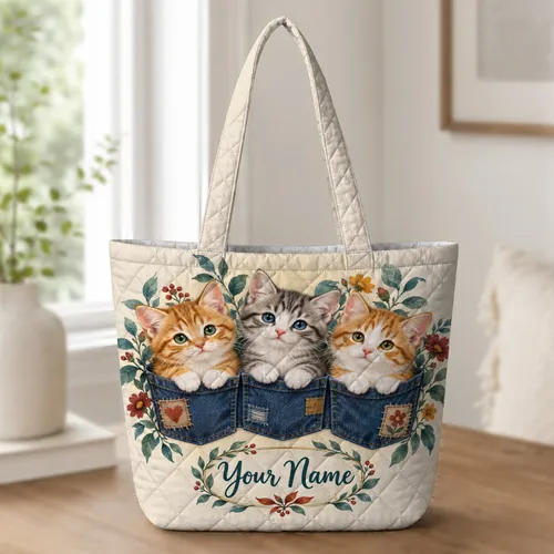 Three Curious Kittens in Denim Pockets for Cat Lover Gifts and Everyday Style Charm Quilted Tote Bag