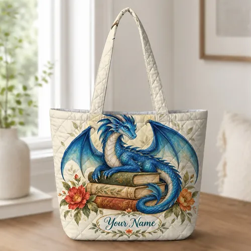 Blue Book Dragon With Botanical Blooms for Cozy Reading Gifts for Fantasy Lovers Quilted Tote Bag