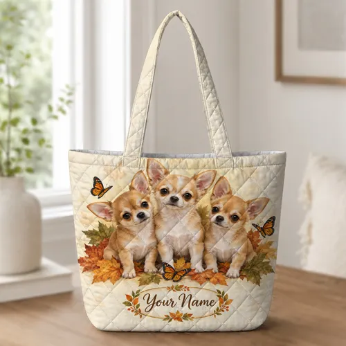 Three Chihuahua Puppies with Autumn Leaves for Cozy Fall Outings and Dog Lovers Quilted Tote Bag