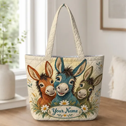 Three Cheerful Donkeys for Farm Days and Country Adventures for Donkey Lovers Quilted Tote Bag