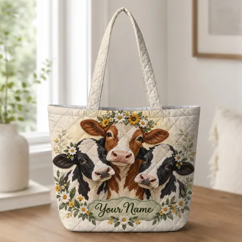 Daisy Crowned Cow Trio for Farmhouse Living, Spring Gatherings and Country Gifts for Her Quilted Tote Bag