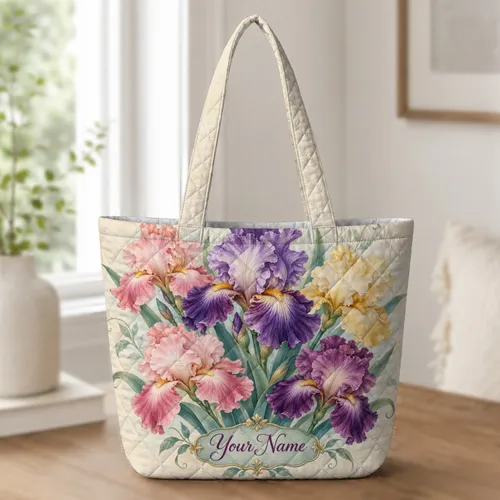 Vintage Iris Blooms for Garden Lovers and Springtime Gift Giving Quilted Tote Bag