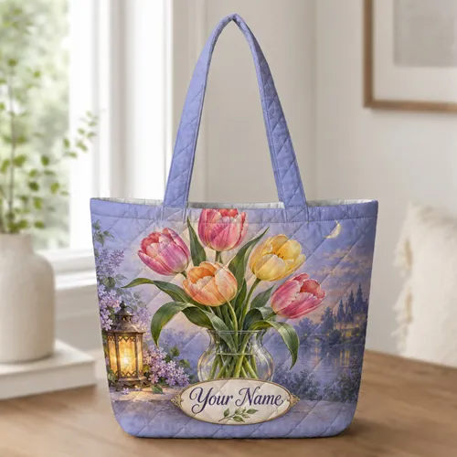 Moonlit Tulips and Lavender for Romantic Garden Lovers and Thoughtful Evening Gifts Quilted Tote Bag