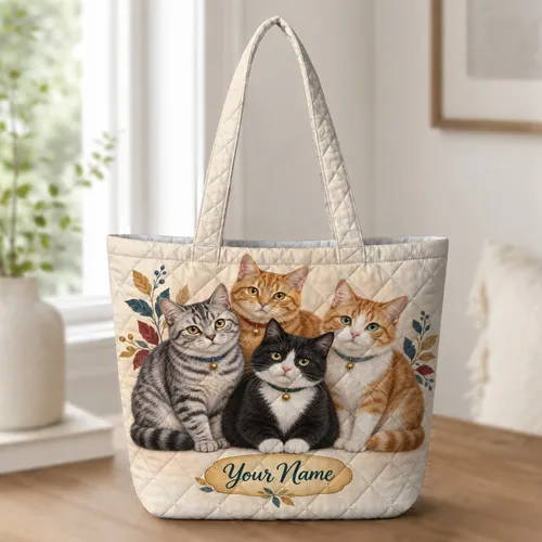 Four Charming Tabby Cats with Floral Accents for Cat Lovers and Cozy Everyday Style Quilted Tote Bag