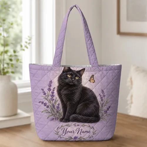 Black Cat Among Lavender Blooms for Witchy Garden Days and Cat Lover Gifts for Women Quilted Tote Bag
