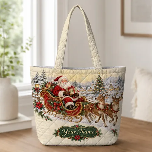 Santa and Reindeer Christmas Scene for Holiday Outings and Seasonal Gifting for Her Quilted Tote Bag