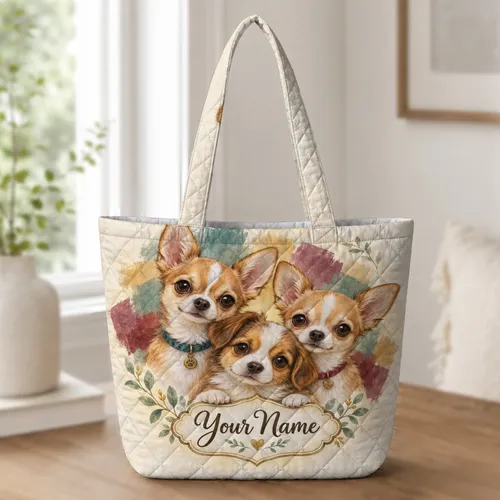 Three Chihuahua Puppies for Dog Lover Birthdays, Holidays, and Everyday Outings Quilted Tote Bag