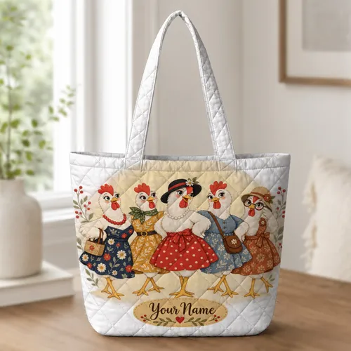 Whimsical Chicken Ladies for Farmhouse Charm and Market Days, Gift for Hen Lovers Quilted Tote Bag