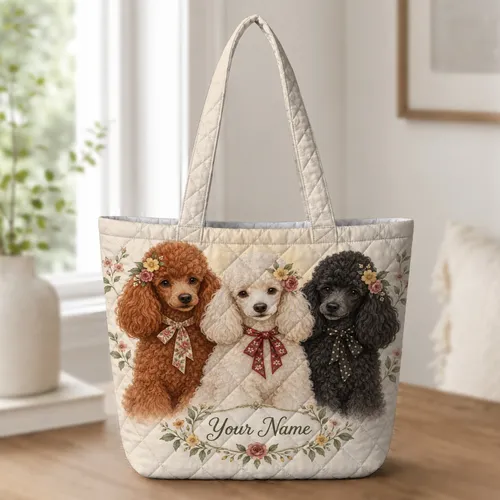 Three Floral Poodles for Dog Lover Gifts and Everyday Companionship, Vintage Canine Charm Quilted Tote Bag