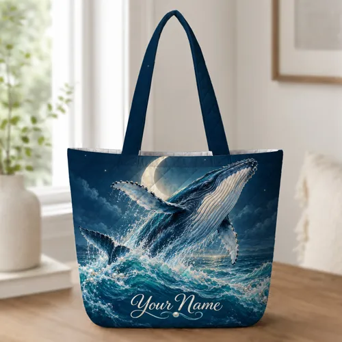 Breaching Whale Under Crescent Moon for Ocean Lovers and Coastal Birthday Gift Giving Quilted Tote Bag