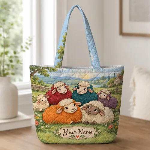 Colorful Sheep in a Meadow for Cottagecore Laundry Days and Farmhouse Living Gifts Quilted Tote Bag