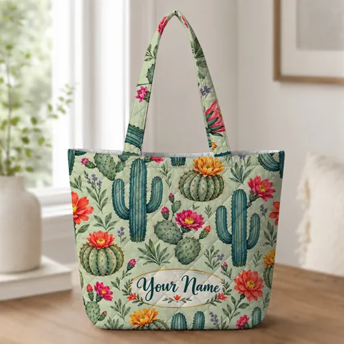 Desert Cactus and Wildflower Garden for Boho Botanical Home Living Quilted Tote Bag