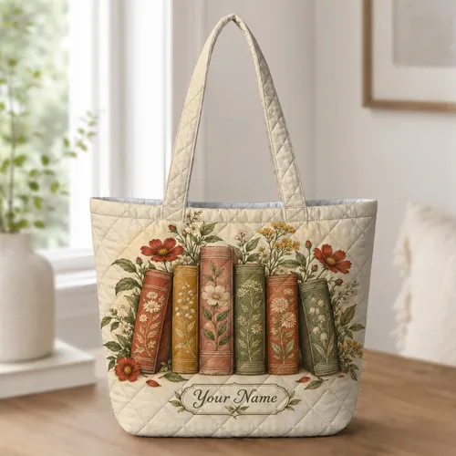 Vintage Floral Books for Cozy Reading Nooks and Cottagecore Library Lovers Gift Decor Quilted Tote Bag