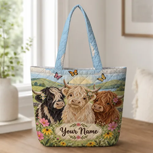 Highland Cow Wildflower Meadow for Cottage Farmhouse Living and Cow Lovers Quilted Tote Bag