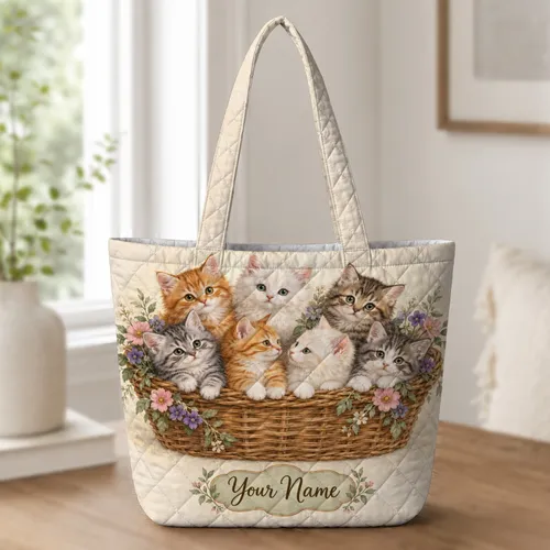 Cottagecore Kitten Basket with Wildflowers for Cat Lovers and Cozy Home Gift Giving Quilted Tote Bag