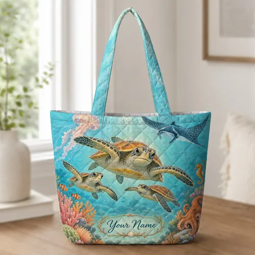 Sea Turtle Coral Reef Ocean Scene for Coastal Living and Marine Life Lovers Quilted Tote Bag