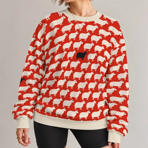 Cream Sheep on Red Field for Cozy Farmhouse Casual Layering and Everyday Wear All-over Print Knitted Sweater