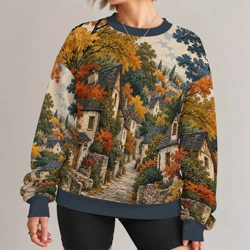 Autumn Old Village Lane And Colorful Trees For Cozy Fall Outings All-over Print Knitted Sweater