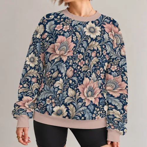 Navy Baroque Botanical Florals for Artful Everyday Style and Elegant Weekend Outings All-over Print Knitted Sweater