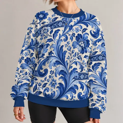 Blue Baroque Floral Scrolls for Elegant Everyday Style, Travel, and Weekend Outings All-over Print Knitted Sweater