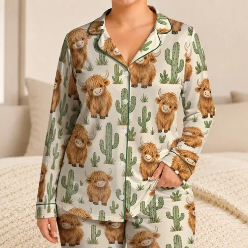 Highland Cow And Cactus Motifs For Cozy Western-Inspired Lounging And Relaxed Weekends Satin Pajamas Set