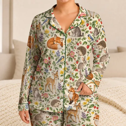 Whimsical Woodland Animals and Wildflowers for Cozy Evenings and Relaxed Weekends Satin Pajamas Set