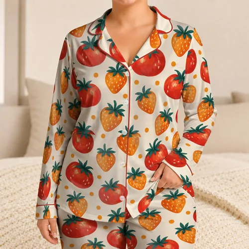 Tomato And Strawberry Fruit For Cozy Kitchen Garden Lounging At Home Satin Pajamas Set