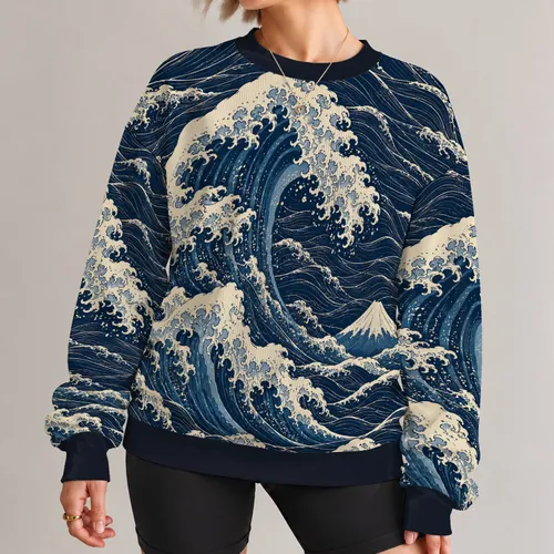 Indigo Ocean Waves And Snowy Mountain Scene For Coastal Everyday Wear And Travel All-over Print Knitted Sweater
