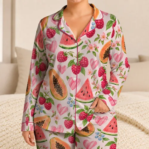 Watercolor Raspberry Watermelon Hearts for Cozy Summer Nights and Fruit Lovers Satin Pajamas Set