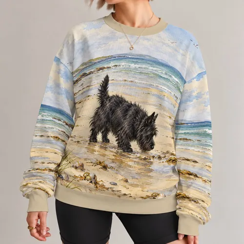 Shaggy Black Dog On A Quiet Beach For Relaxed Coastal Days And Seaside Walks All-over Print Knitted Sweater