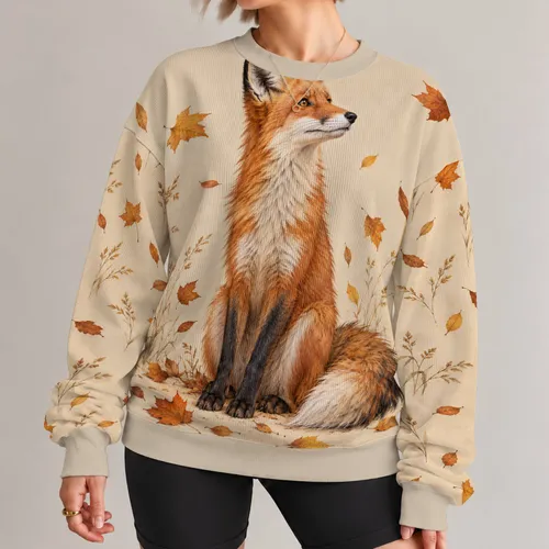 Seated Fox and Autumn Leaves for Cozy Fall Outings and Everyday Wear All-over Print Knitted Sweater