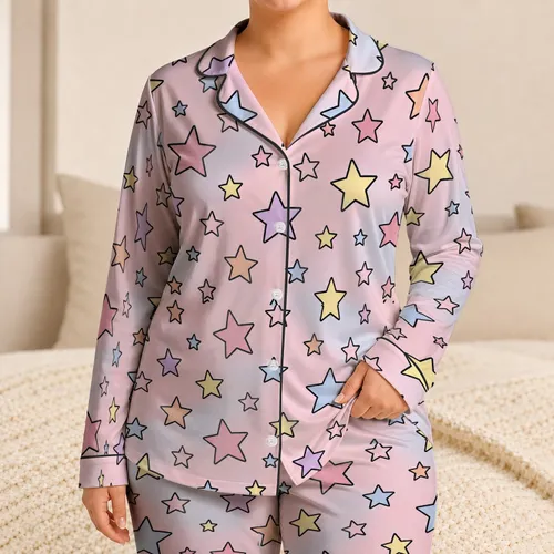 Pastel Five-Point Stars for Cozy Nights and Cheerful Lounging, Women's Style Satin Pajamas Set