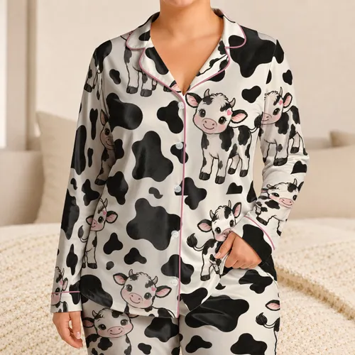 Cute Pink-Nosed Cow Motifs for Cozy Farmhouse Lounging and Relaxed Country Nights Satin Pajamas Set