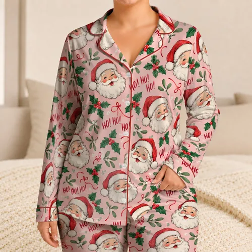 Santa Claus and Holly Holiday Cheer for Cozy Christmas Eve Lounging Satin Pajamas Set
