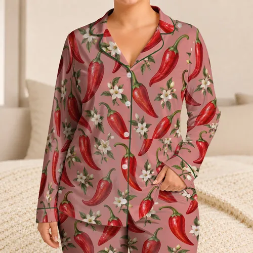 Red Pepper Blossoms and Garden Florals for Cozy Evenings and Relaxed Home Lounging Satin Pajamas Set