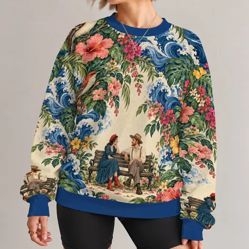 Tropical Birds and Floral Waves for Artistic Everyday Style and Nature Lovers All-over Print Knitted Sweater
