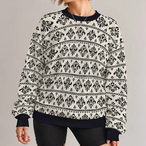 Black Folk Floral Motifs for Cozy Autumn Days and Artful Everyday Style All-over Print Knitted Sweater