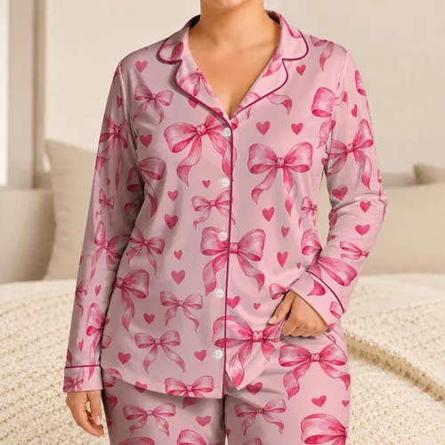 Watercolor Pink Bows and Hearts for Cozy Valentine's Nights and Romantic Self-Care Satin Pajamas Set