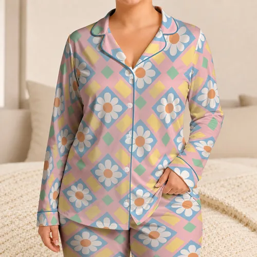 Retro Daisy Diamonds and Pastel Checks for Cozy Lounging and Relaxed Weekends Satin Pajamas Set
