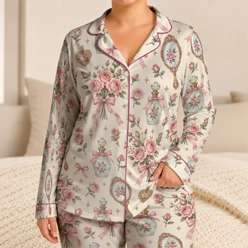 Rose Bow and Vintage Vanity Charms for Cozy Cottagecore Evenings and Sweet Gifts for Her Satin Pajamas Set