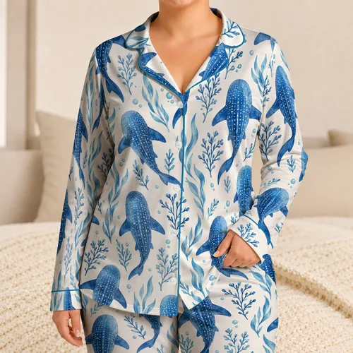 Blue Shark Ocean Motifs for Relaxed Coastal Evenings and Easygoing Home Lounging Style Satin Pajamas Set