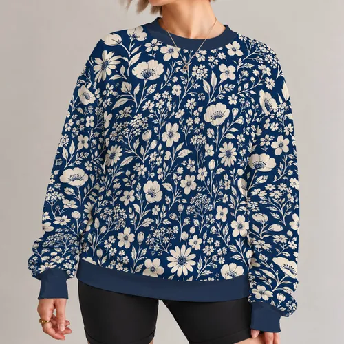 Indigo Cream Wildflower Botanical Motif For Casual Days And Weekend Outings All-over Print Knitted Sweater