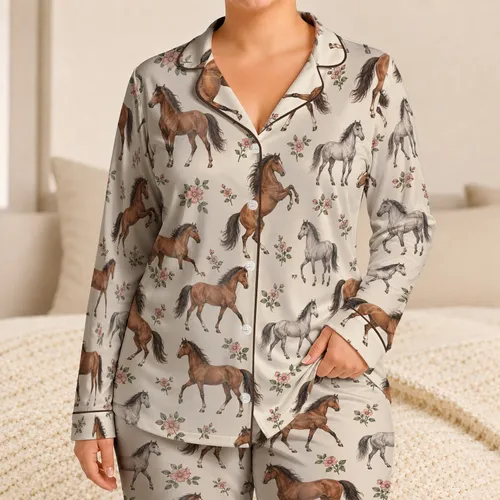 Chestnut Horse and Rose Equestrian Motif for Cozy Country Evenings at Home Satin Pajamas Set