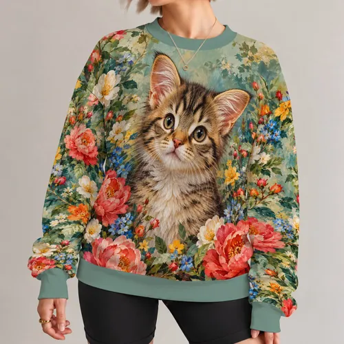 Painterly Kitten Among Wildflowers for Whimsical Everyday Style and Cat Lovers Women All-over Print Knitted Sweater