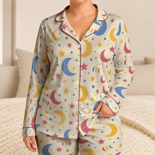 Moon Star And Colorful Dot Motifs For Cozy Bedtime Routines And Relaxing Nights Satin Pajamas Set