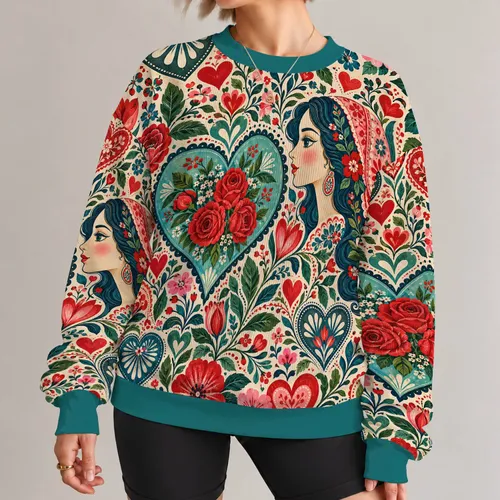 Folk Floral Hearts and Roses for Whimsical Valentine's Day Celebrations for Women All-over Print Knitted Sweater