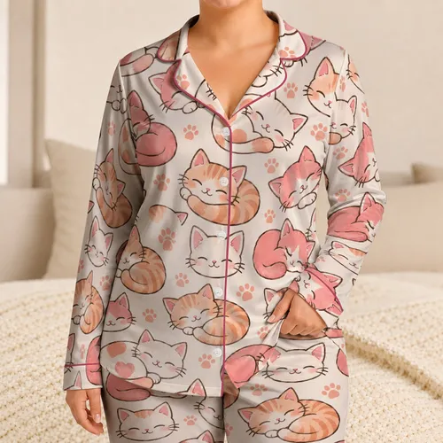 Sleepy Pink Kitten Faces for Cozy Spring and Autumn Lounging at Home Satin Pajamas Set