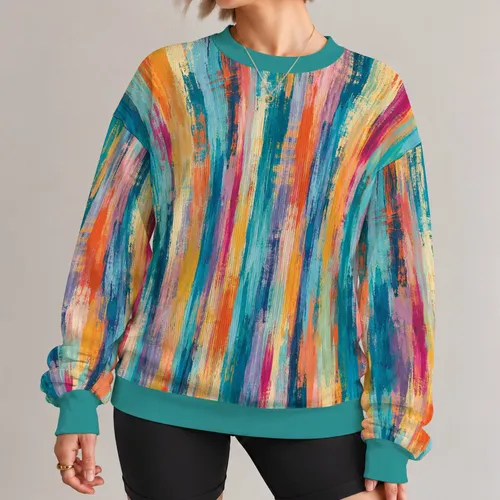 Colorful Teal Brushstroke Stripes for Relaxed Everyday Wear and Creative Style for Women All-over Print Knitted Sweater