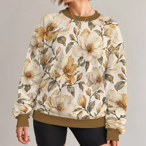 Sepia Botanical Blossoms for Coastal Getaways and Relaxed Everyday Style for Women All-over Print Knitted Sweater