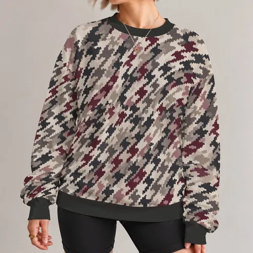 Cream Burgundy Houndstooth Motif for Polished Everyday Style and Casual Wear for Women All-over Print Knitted Sweater